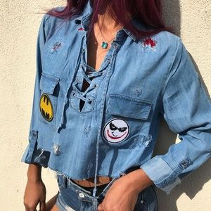 Batman Joker POW! Patch Distressed Denim Crop Top